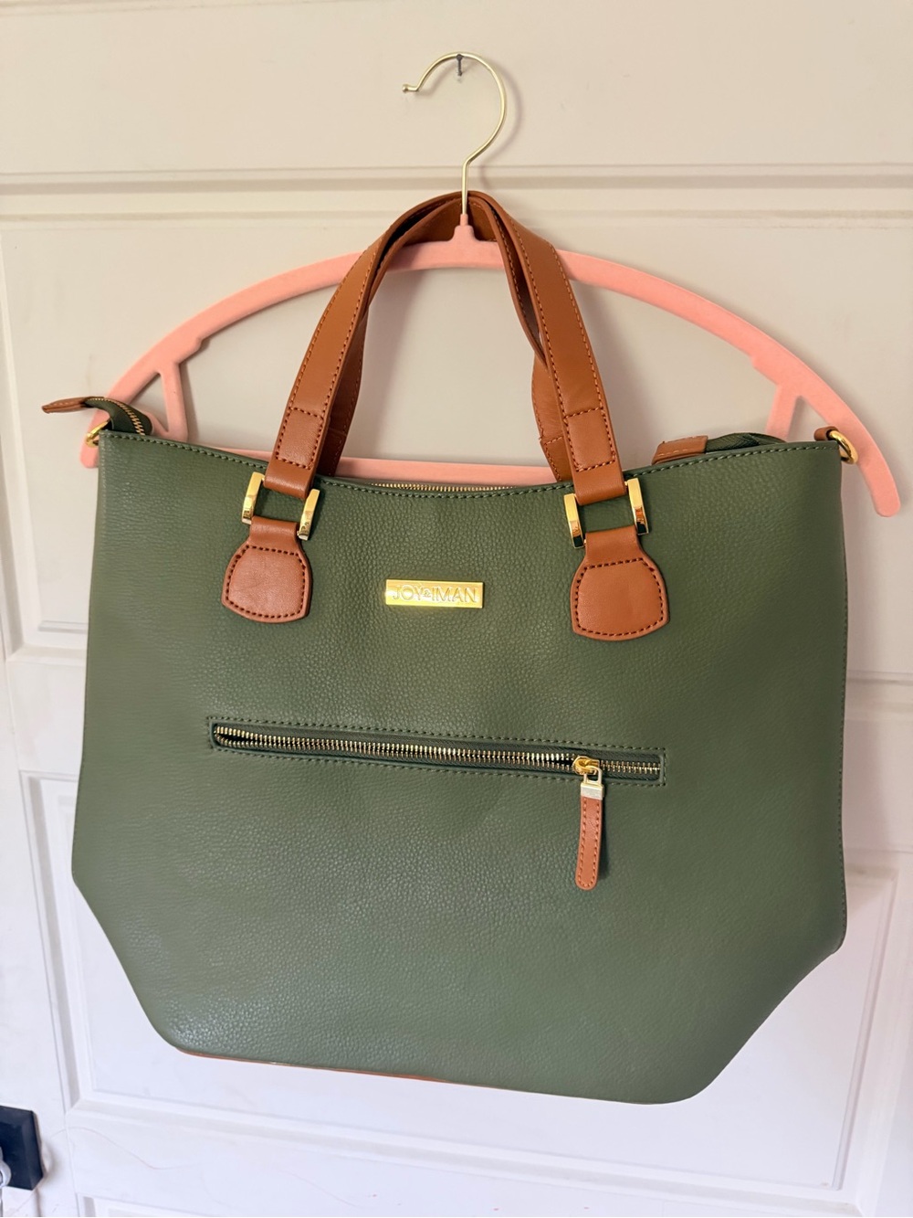 Joy & Iman Olive Green Tote Bag with Tan Handles